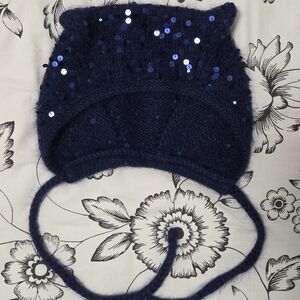 Handmade Navy Blue Sequin Kitty Kids Knit Hat